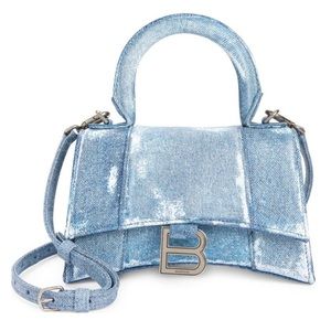 BALENCIAGA XS Hourglass Leather Denim Print Top Handle Bag